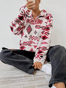 SHEIN Essnce Women's Geometric Printed Half-zip Kangaroo Pocket Sweatshirt With Zipper - White - View 6