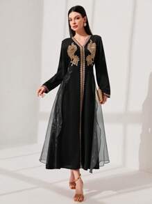 Al Najma Mesh Contrast Floral Applique Long Sleeve Dress Kaftan Jalabiya Dress - Black - View 1