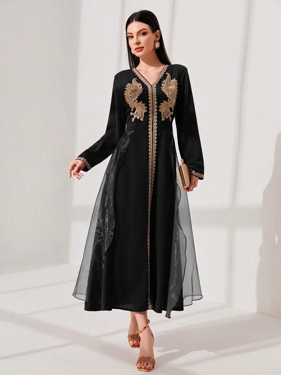 Al Najma Mesh Contrast Floral Applique Long Sleeve Dress Kaftan Jalabiya Dress - Black - View 1