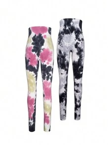 SHEIN 2 cái/bộ Thiếu niên Cô gái Nhuộm buộc Quần Xà cạp thể thao , Phòng thể dục & Các hoạt động ngoài trời - Nhiều màu - Xem 3