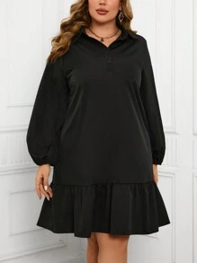 SHEIN LUNE 大碼燈籠袖連衣裙,帶有褶邊擺 - 黑色 - 查看 5