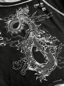 SHEIN ICON Camiseta De Manga Larga Para Mujer Con Estampado De Dragones Y Letras Y Mangas Raglán - Negro - Ver 4