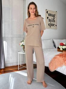 RueChic Slogan Graphic Drop Shoulder Tee & Pants Lounge Set - Apricot - View 4
