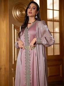 Elegant Embroidered Long Sleeve Modest Dress, Spring/Summer Kaftan Arabian Dress - Dusty Pink - View 3