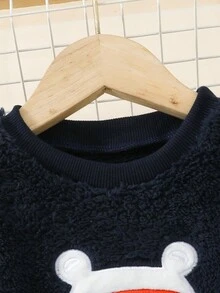 Bé trai Phim hoạt hình động vật Thêu Lông cừu san hô Bộ mặc nhà - Màu xanh lam - Xem 3