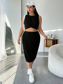 SHEIN EZwear Của phụ nữ Kích thước lớn Đen Xoắn Đan áo vest Và Váy Bộ - màu đen - Xem 4