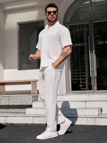 Manfinity Homme Conjunto De Camisa Y Pantalón Para Hombre Con Botones Y Texturizados De Color Sólido - Blanco - Ver 3