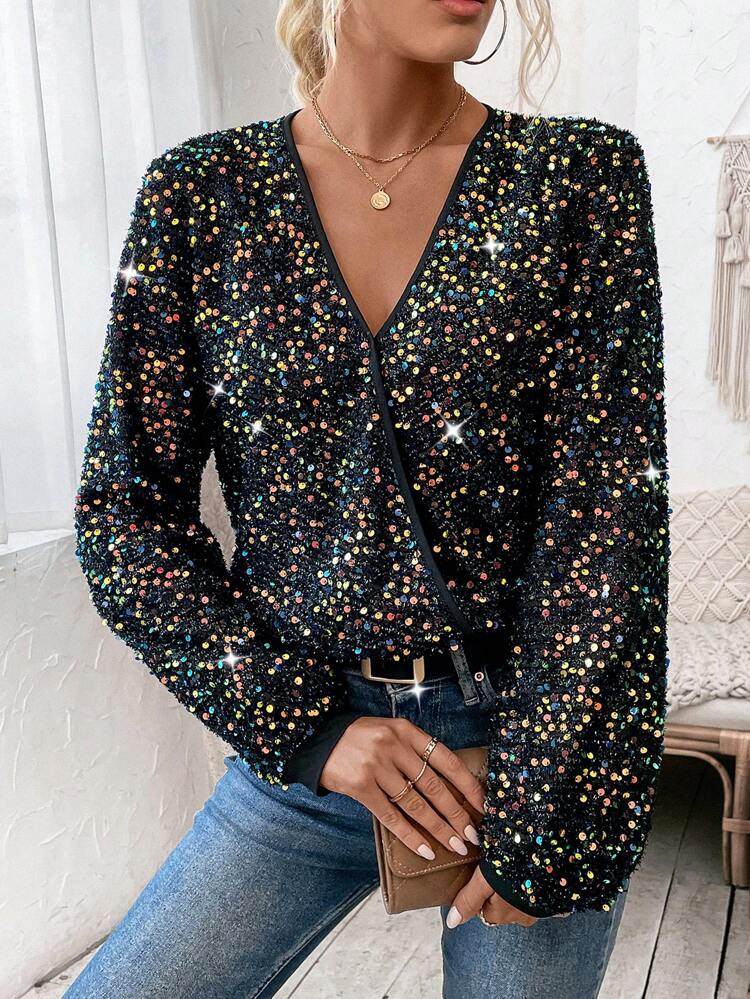 Lantern Sleeve Wrap Sequined Shirt