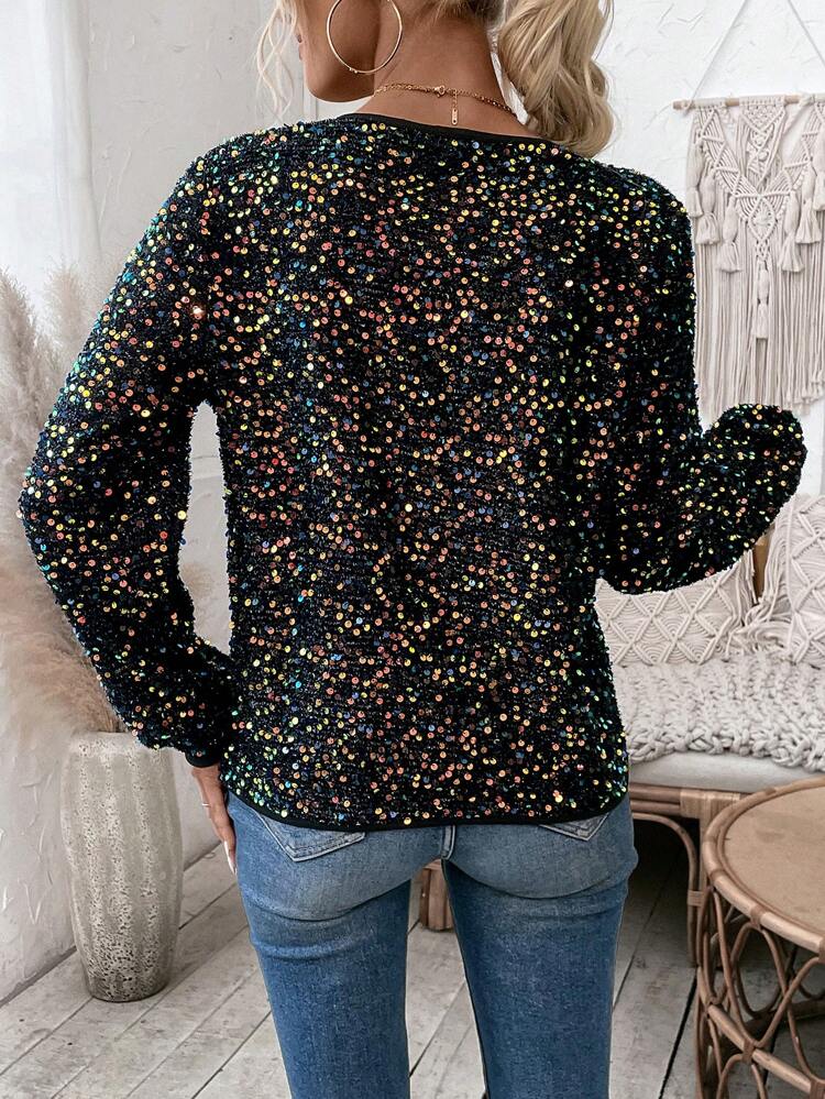 Lantern Sleeve Wrap Sequined Shirt