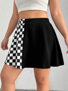 SHEIN EZwear Women's Plus Size Plaid Patchwork Skirt - Black and White - View 4