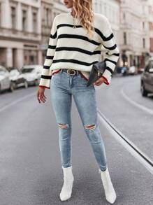 SHEIN Essnce Sọc Thả vai Áo len - Màu Khaki - Xem 5