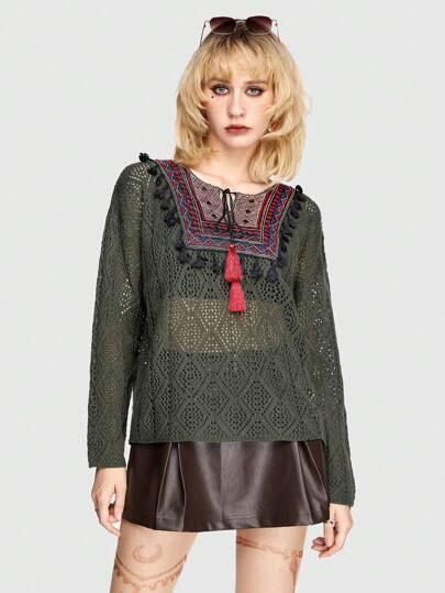 Hippie Pull-over Tricoté Géométrique Pour Femme Avec Col Évidé, Chandail Tricoté