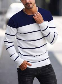 Manfinity Homme Men's Crew Neck Striped Sweater - Navy Blue - View 6