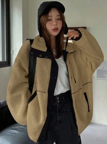 DAZY 對比邊飄落肩貓熊外套 - 駝色 - 查看 1