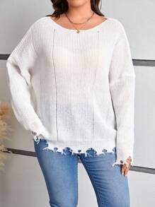 SHEIN LUNE Women's Plus Size Distressed Sweater - White - View 6