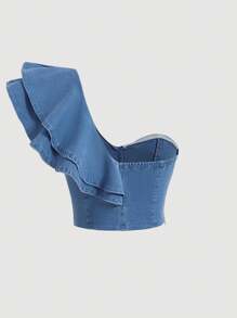 SHEIN MOD Women's One Shoulder Denim Blouse With Ruffled Sleeves - Light Wash - View 2