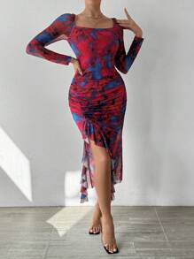 SHEIN Privé Tie-Dye Fold Asymmetrical Hem Bodycon Dress - Red Violet - View 1