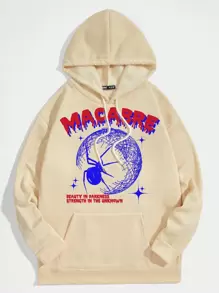 ROMWE MEN Street Life Men's Hooded Sweatshirt With Spider & Text Print And Drawstring, Halloween - Apricot - View 1