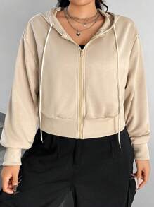 SHEIN EZwear Kích thước lớn Của phụ nữ áo có mũ Dây kéo mặt trước Áo nỉ Với Pha lê Và Thiết kế chữ cái - Màu be - Xem 5