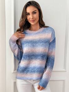 SHEIN Essnce Màu sắc thay đổi dần Thả vai Áo len - Xanh đậm - Xem 5