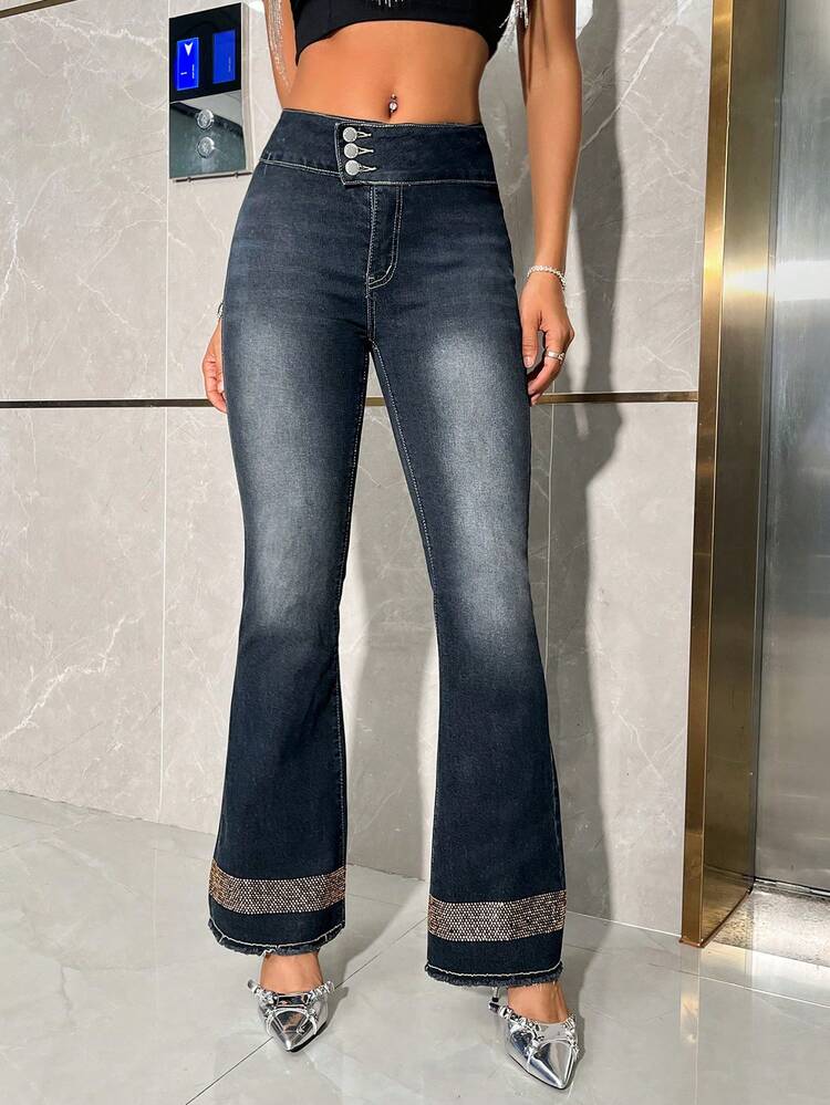 Dark Washed Frayed High Waisted Flared Jeans With Rhinestone Embellishment