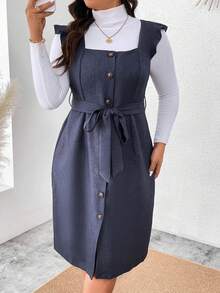 Calvaya Kích thước lớn Viền Ruffle Nút Lên Eo Thắt lưng Với Dây đeo vai Đầm - Nhiều màu - Xem 4