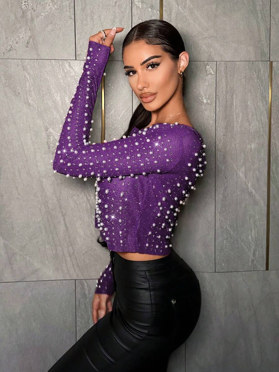 SHEIN SXY Top Corto De Manga Larga Con Tachuelas De Perlas Y Diamantes De Imitación - Morado - Ver 1
