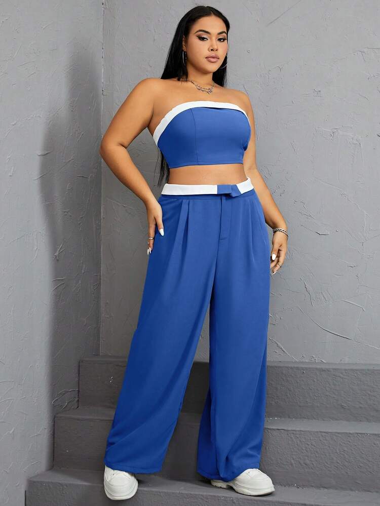 Plus Size Women's Colorblock Strapless Top And Pants Set