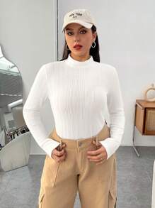 SHEIN EZwear Plus Size Women'S Knitted Ribbed Stand Collar Long-Sleeved T-Shirt - White - View 3