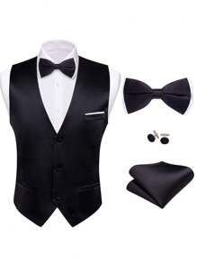 情人節男士實色不對稱下擺西裝背心 - 黑色 - 查看 1