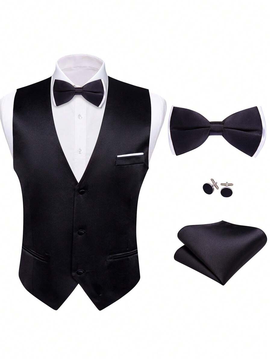 情人節男士實色不對稱下擺西裝背心 - 黑色 - 查看 1