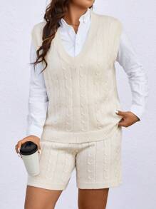 SHEIN LUNE Plus Size Cable Knit Sweater Vest And Shorts Set - Apricot - View 5