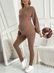 SHEIN Maternity Asymmetric Neckline Drop Shoulder Sleeve T-shirt And Adjustable Waistband Long Pants Set - Brown - View 1