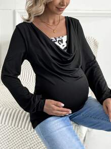SHEIN 孕妇豹纹拼接宽松圆领长袖运动衫孕妇装冬季 - 黑色 - 查看 4