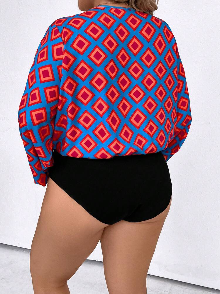 Plus Size Women'S Geometric Pattern Balloon Sleeve Bodysuit