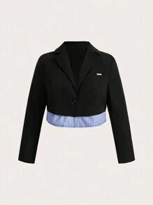 SHEIN EZwear Ladies Plus Size Color Block Short Blazer - Navy Blue - View 2