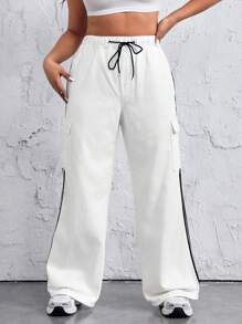 SHEIN EZwear 大尺碼女士寬鬆版牛仔褲,附有對比條紋 - 白色 - 查看 5