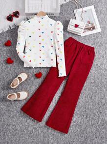 SHEIN 青少年女孩两件套针织心形图案立领修身羊腿袖上衣和编织灯芯绒喇叭裤 - 彩色 - 查看 1