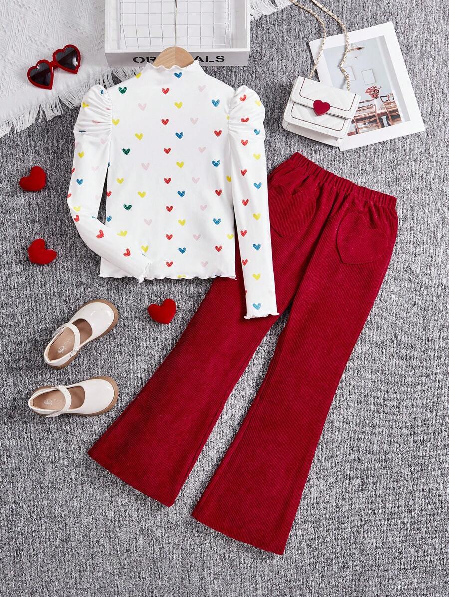SHEIN 青少年女孩两件套针织心形图案立领修身羊腿袖上衣和编织灯芯绒喇叭裤 - 彩色 - 查看 1
