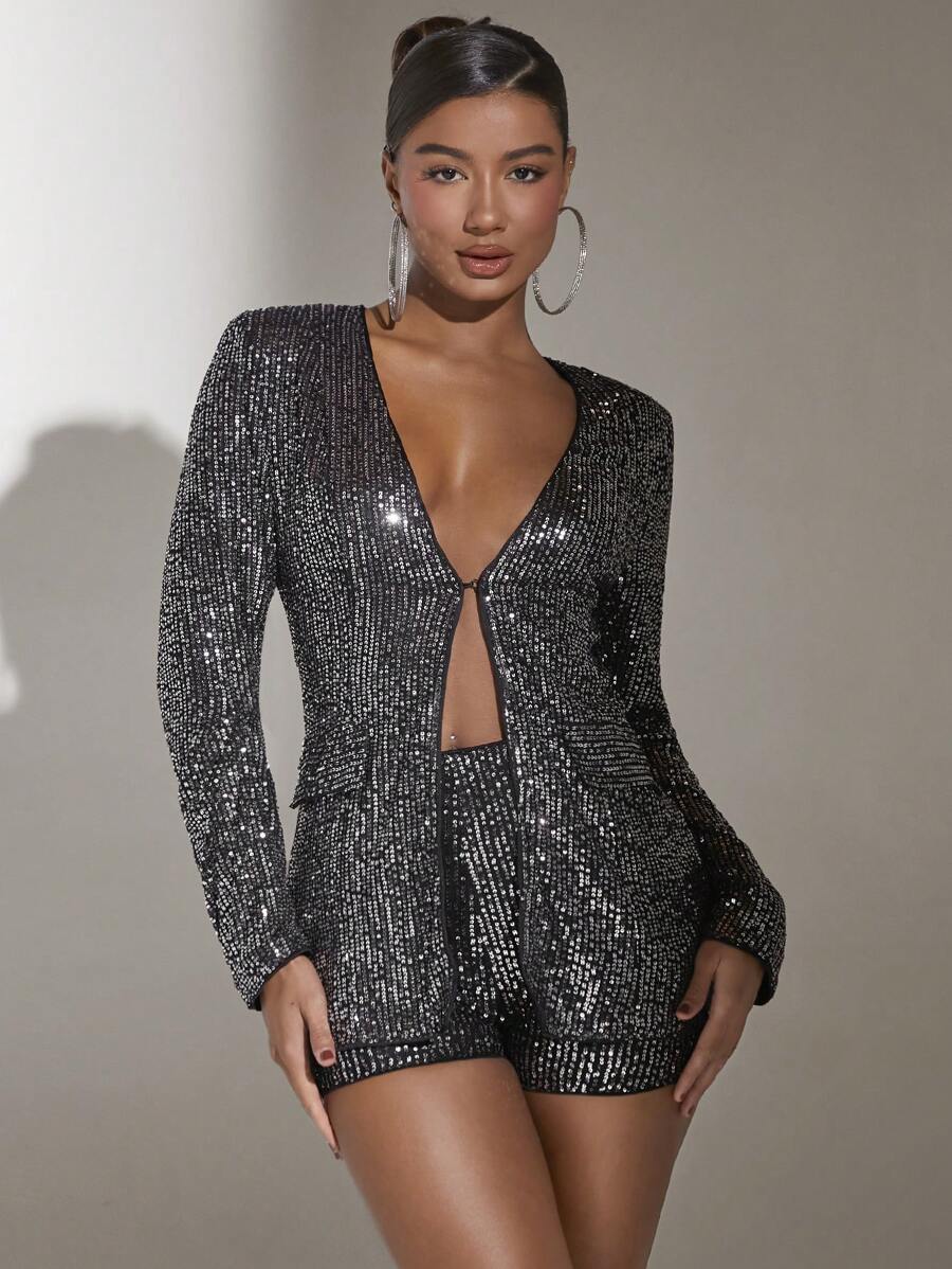 SHEIN BAE Áo khoác Blazer thiết kế lật sáng bóng dành cho nữ mùa thu/đông - Bạc - Xem 1