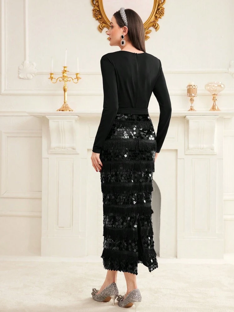 Women's Patchwork Tassel And Sparkly Belted Dress Long Evening Dresses
