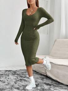 SHEIN PETITE 女士肋紋長袖貼身連衣裙 - 軍綠色 - 查看 3