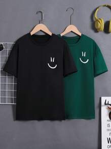 SHEIN Teenage Boys' 2pcs Face Print Round Neck T-shirts