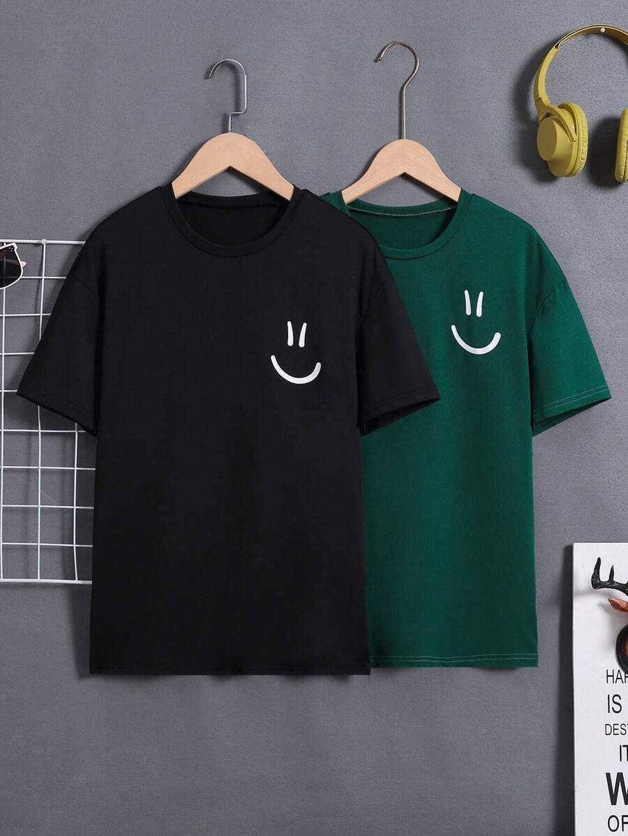 SHEIN Teenage Boys' 2pcs Face Print Round Neck T-shirts