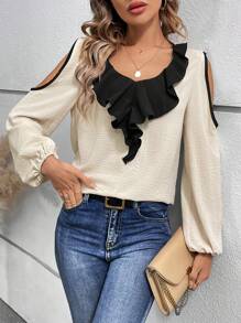 SHEIN LUNE 女士露肩上衣,帶有色塊和褶邊 - 杏色 - 查看 4