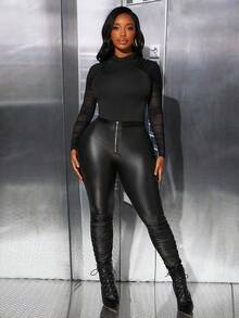 Slaydiva Áo liền thân cổ đứng xếp ly phối lưới - màu đen - Xem 5