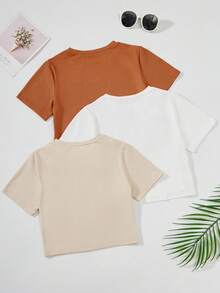SHEIN 3pcs/Set Solid Color Short Sleeve T-Shirts For Tween Girls - Multicolor - View 2