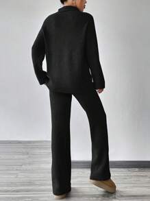SHEIN Unity Thả vai Khóa kéo nửa mở Áo len Và Đan Quần Bộ - màu đen - Xem 2
