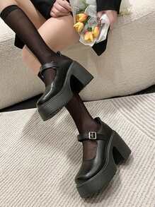 ROMWE Goth 2023 Của phụ nữ Hàng mới đến Chóp giầy tròn Đen Phong cách Học viện JK Giường đơn Dây đeo Cao gót & Dày Đế Giày dép - màu đen - Xem 4