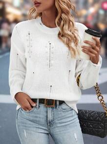 SHEIN LUNE 女款純色水鑽裝飾仿舊細肩毛衣 - 白色 - 查看 1